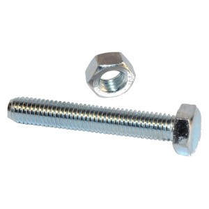 Bullone a testa esagonale argentato con dado, adatto a diverse applicazioni.