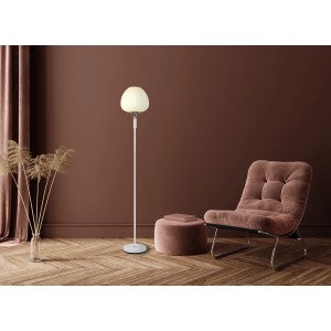 Moderna lampada da terra t.b.t. con paralume rotondo per illuminazione soggiorno.