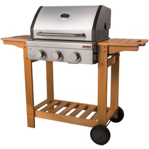 Barbecue a gas con struttura in legno e ripiani. Ideale per barbecue in giardino.