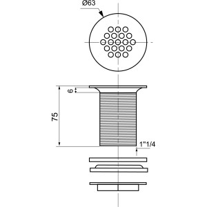 Disegno tecnico di un sifone doccia con dimensioni. Vista dettagliata per l'installazione.