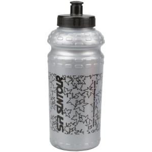 Borraccia argentata con tappo nero e motivo per trasporto bici.