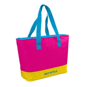 Borsa termica t.b.t. rosa e gialla con manici blu per campeggio e tempo libero.
