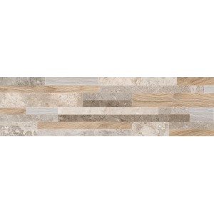 Rivestimento murale t.b.t. effetto legno e pietra nei toni del beige e del marrone.
