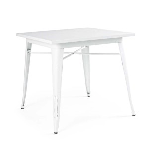 Tavolo da pranzo t.b.t. bianco con piano quadrato e struttura in metallo.