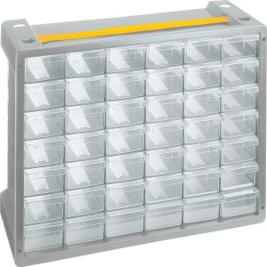 Cassetta portaminuteria grigia t.b.t. con molti cassetti trasparenti per riporre piccole parti.