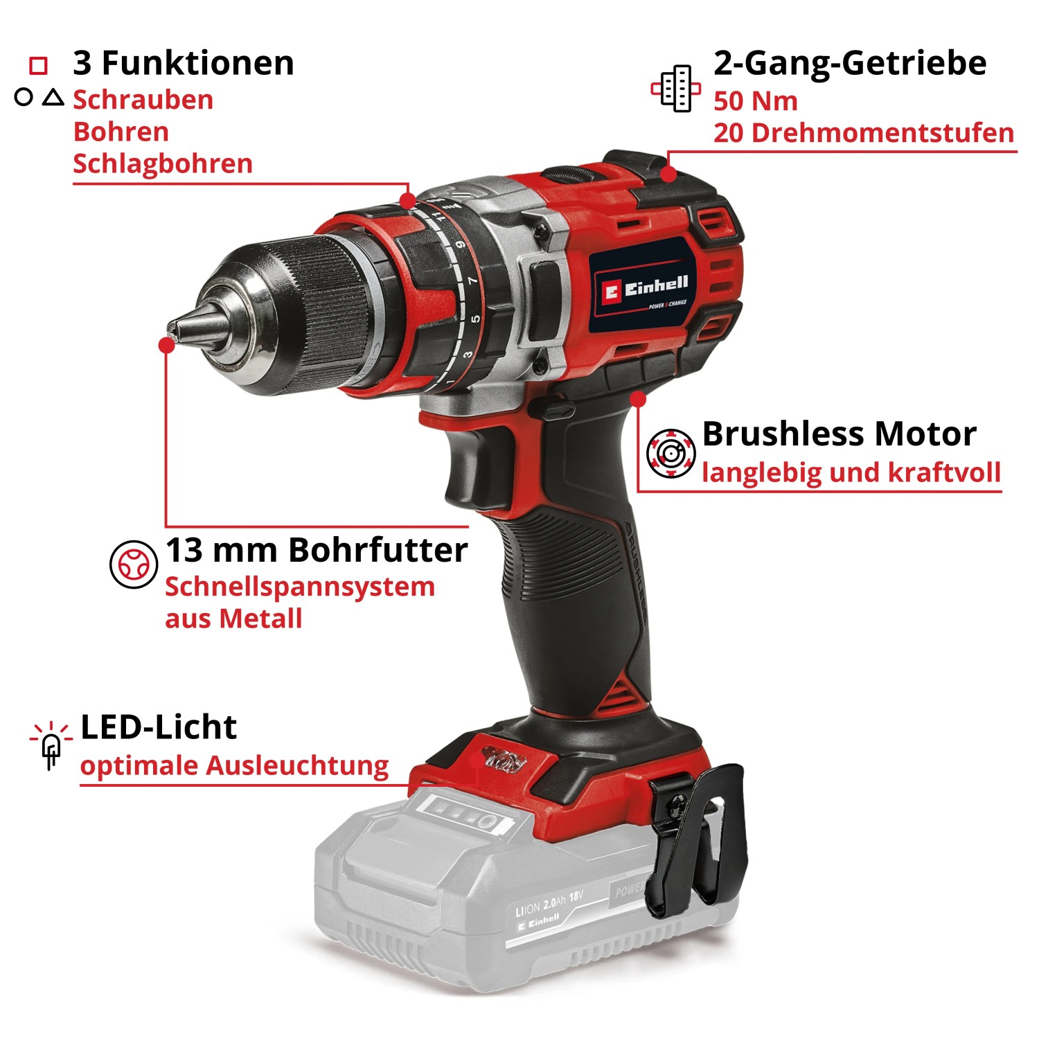 Trapano avvitatore a percussione a batteria Einhell TP-CD 18/50 Li-i BL Solo con batteria. Ideale per avvitare e forare.
