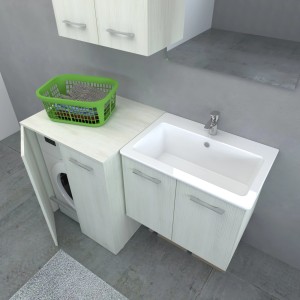 Set bagno moderno con lavabo, mobile e lavatrice effetto legno.