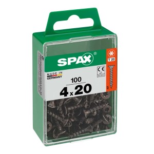 Viti universali SPAX 4x20, 100 pezzi in contenitore di plastica verde.