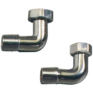 Due raccordi a gomito in rame cromato con filettatura e dado.