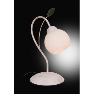 Elegante lampada da scrivania con paralume in vetro bianco e dettaglio a forma di foglia.