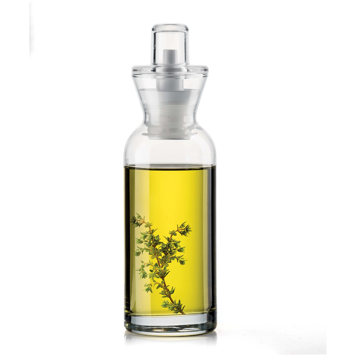 t.b.t. Bottiglia per olio in vetro, riempita con olio e un rametto di timo.