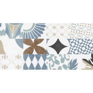 Piastrella decorativa da rivestimento con vari motivi in tonalità di blu, marrone e beige.