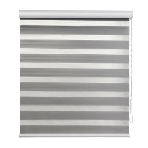 Tenda a rullo t.b.t. grigia con strisce alternate trasparenti e opache.