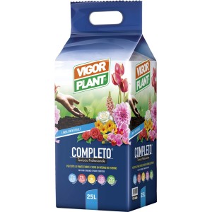 Sacco di terriccio base Terricci con stampa di fiori e mani che piantano.