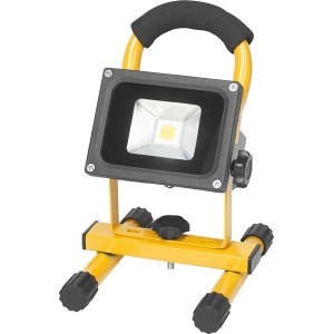Faro da lavoro a LED portatile con batteria, 10 W, giallo/nero, con maniglia e supporto.