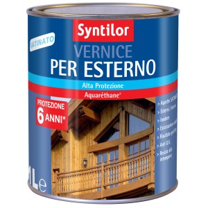 Barattolo di Syntilor Vernice Per Esterno, pittura per legno da esterno per la protezione dagli agenti atmosferici.