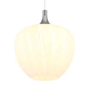 Lampada a sospensione t.b.t. bianca con dettagli cromati per un'illuminazione elegante.