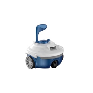 Pulitore per piscina t.b.t. blu e bianco con maniglia e ruote.