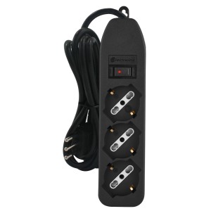 Multipresa nera t.b.t. con tre prese e interruttore.