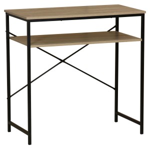 Scrivania con ripiano, effetto legno e struttura in metallo nero.