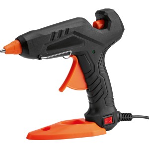 Pistola per colla a caldo 30W, nero-arancio, con 5 stick di colla e supporto.