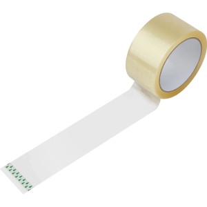 Un rotolo di nastro adesivo trasparente 50 mm x 66 m con striscia srotolata. Ideale per sigillare pacchi.