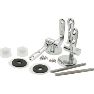 Accessori WC: Set con cerniere cromate lucide, viti e guarnizioni per il montaggio del WC.