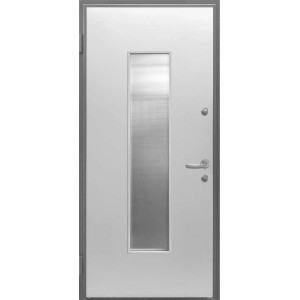 Porta blindata bianca t.b.t. con inserto in vetro stretto e allungato e maniglia color argento.