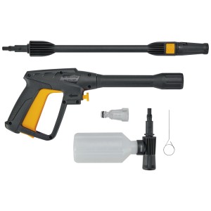 Set accessori per idropulitrice: ugello, pistola, contenitore detergente e adattatore.