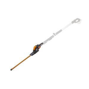 Accessorio per tagliasiepi a batteria, con dettagli arancioni.