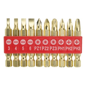 Portabit da cintura da 10 pezzi con inserti a taglio, a croce e Pozidriv in supporto rosso.