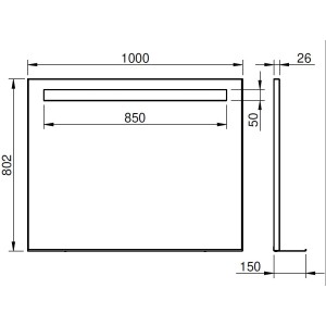 Disegno tecnico specchio da parete con dimensioni (1000x802x26 mm) per bagno o corridoio.