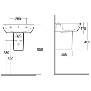 Disegno tecnico lavabo t.b.t. per bagno, dimensioni e dettagli per l'installazione.