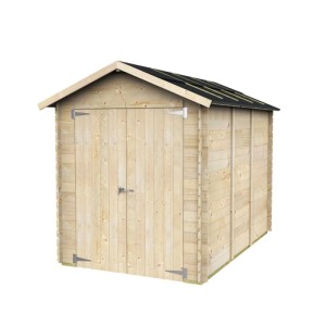 Casetta da giardino in legno Rubia chiara con doppia porta e tetto scuro. Per attrezzi, scooter, pellet.