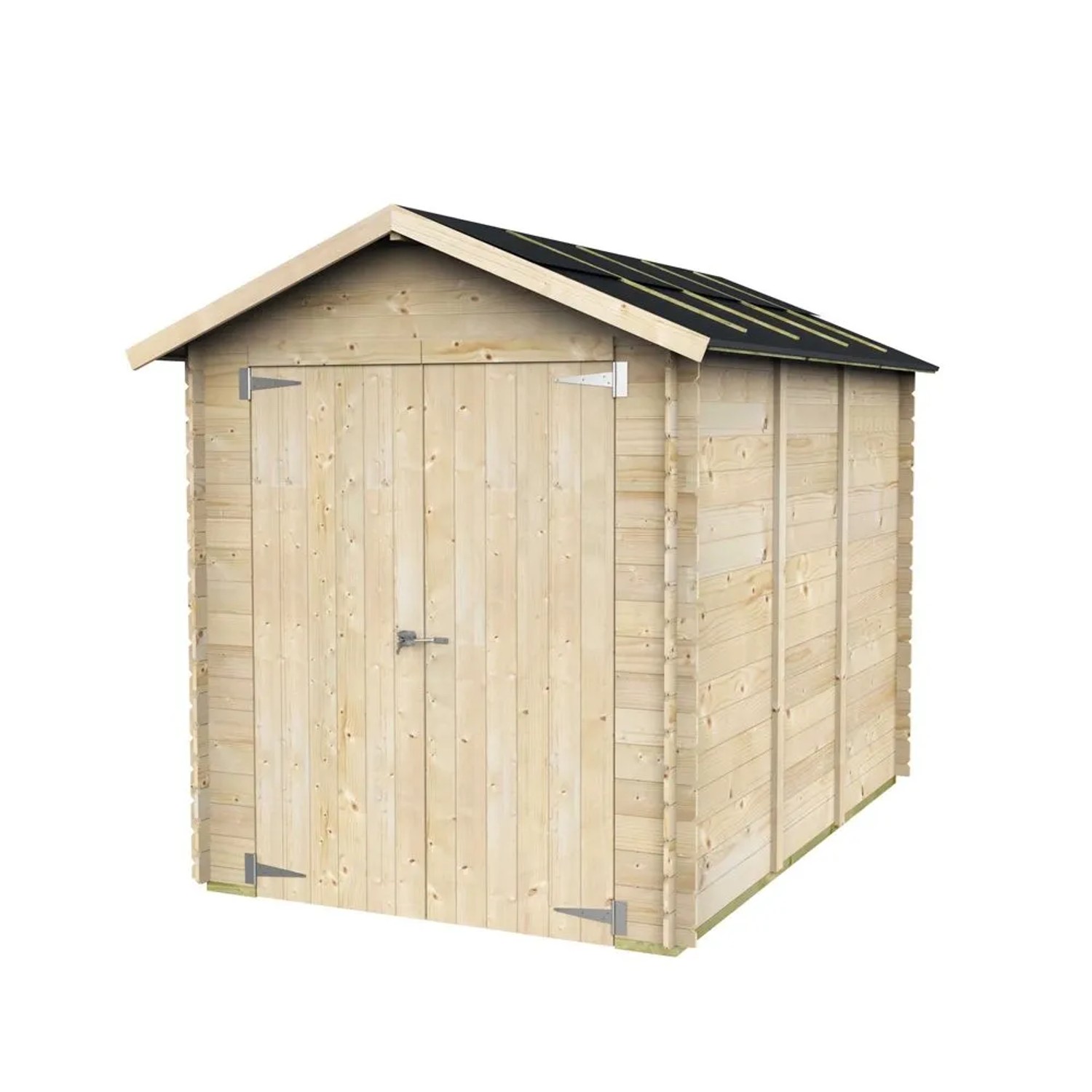Casetta da giardino in legno Rubia chiara con doppia porta e tetto scuro. Per attrezzi, scooter, pellet.