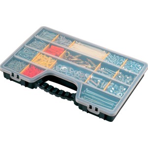 Cassetta assortita con viti, tasselli e minuterie per il fai da te.