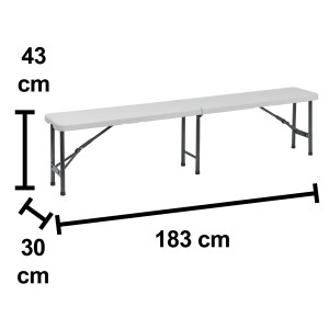 Illustrazione di una panca da birreria con dimensioni (lunghezza 183cm, altezza 43cm, profondità 30cm).