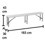 Illustrazione di una panca da birreria con dimensioni (lunghezza 183cm, altezza 43cm, profondità 30cm).