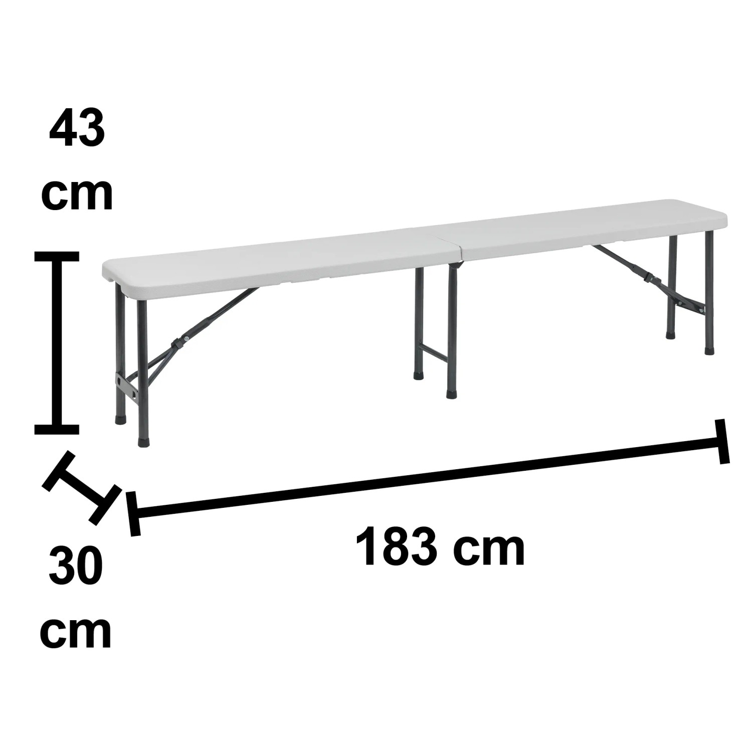 Illustrazione di una panca da birreria con dimensioni (lunghezza 183cm, altezza 43cm, profondità 30cm).