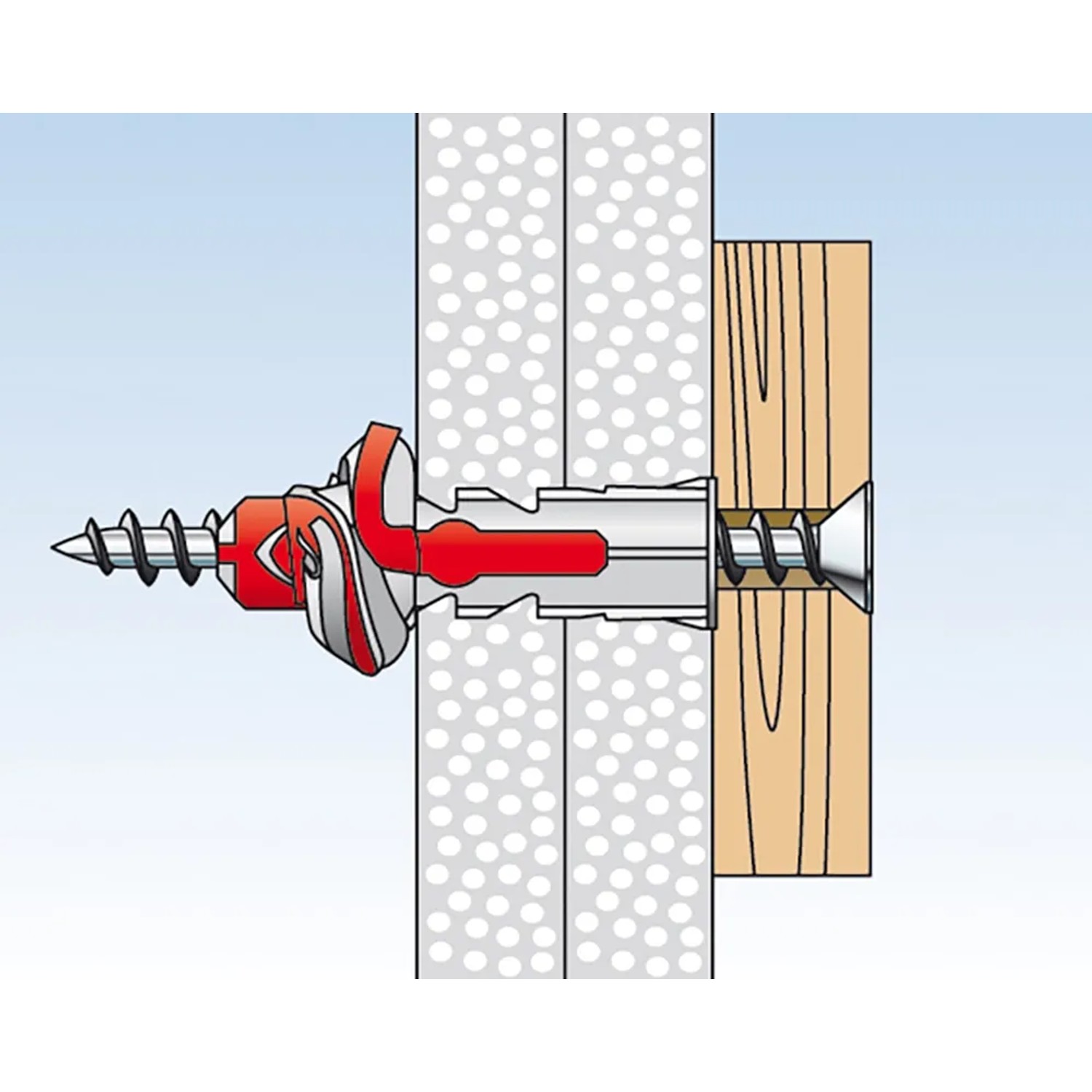 Illustrazione: Tassello Fischer Duopower 6x50 con vite in uso in vari materiali da costruzione.
