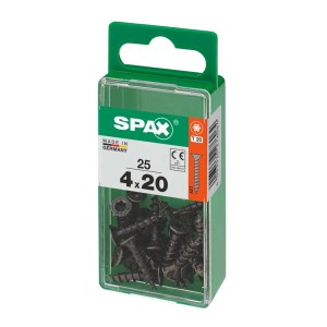 Viti universali Spax, VGW TSP, zincate, 4x20 mm, nere, 25 pezzi in confezione verde.