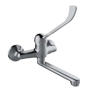 Rubinetto a parete t.b.t. cromato con maniglia a leva.