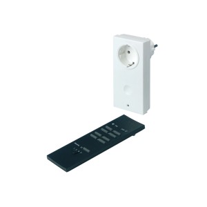 Set interruttore wireless: presa bianca e telecomando nero per domotica.