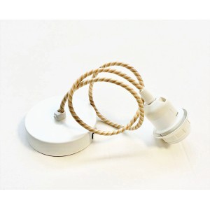 Cavo per lampada t.b.t. con rivestimento tessile beige-bianco e portalampada bianco.