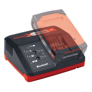 Caricabatterie rapido Einhell Power X-Charger 18V con batteria sullo sfondo.