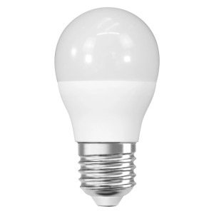 Lampadina LED E27 design sferico, corpo bianco.