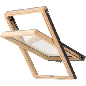 Finestra a bilico in legno aperta, 66x118 cm, per tetto con inclinazione 15-90 gradi.