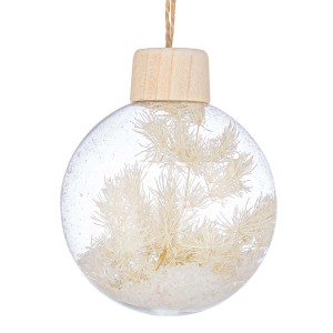 Palla di Natale trasparente con chiusura in legno, riempita con neve decorativa e piante bianche.