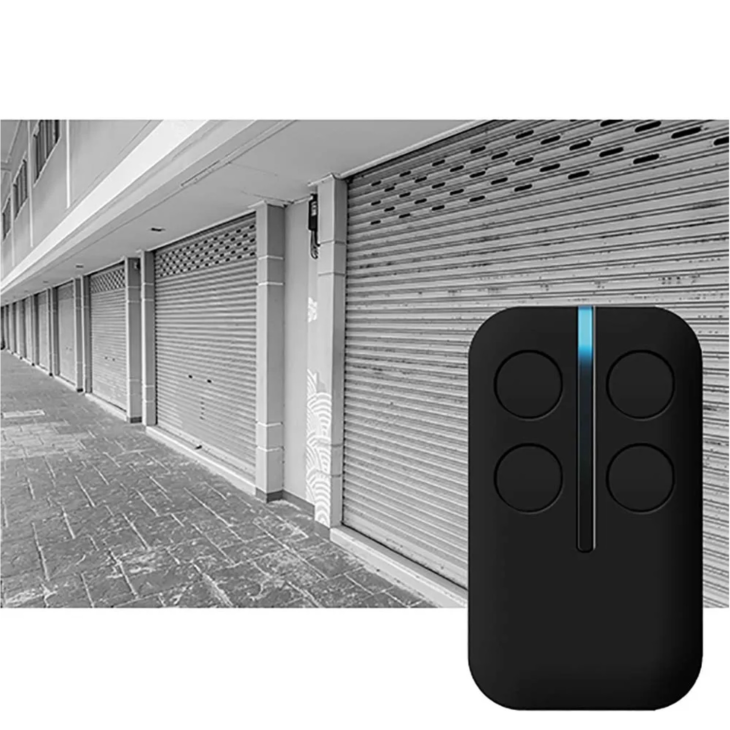 Telecomando nero t.b.t. per automazione garage con quattro pulsanti.