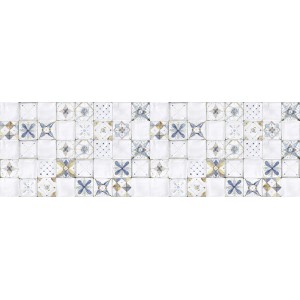 Paraschizzi decorativo t.b.t. con ornamenti blu e gialli.